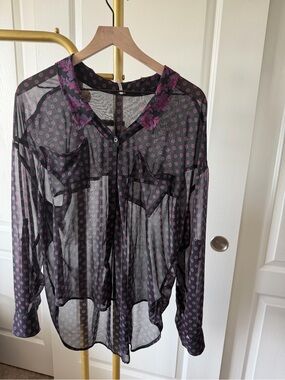Free People Sheer Black Blouse with Pink Polka Dots